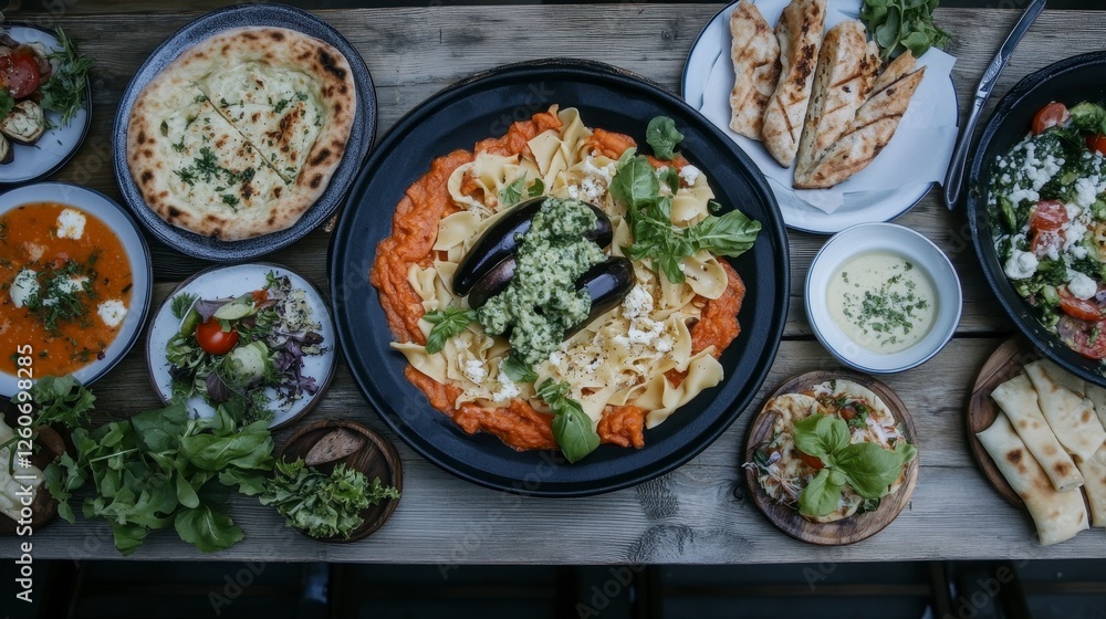 Colorful Mediterranean Feast with Various Dishes on Wooden Table Colorful Mediterranean Feast with Various Dishes on Wooden Table