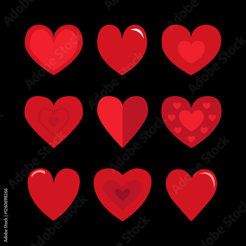 Red heart icon set. Happy Valentines day. Different shape, pattern. Love sign symbol simple template. Greeting card. Decoration element. Square composition. Flat design. Black background. Vector