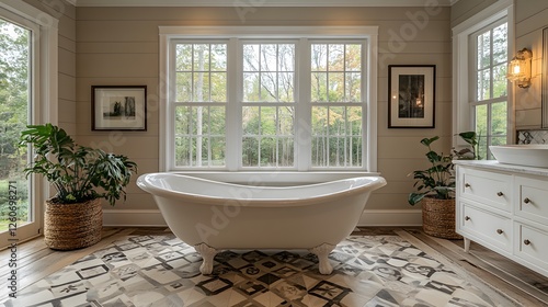 Luxurious bathroom with clawfoot tub, geometric tiles, and warm recessed lighting photo