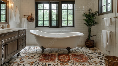 Luxurious bathroom with clawfoot tub, geometric tiles, and warm recessed lighting photo