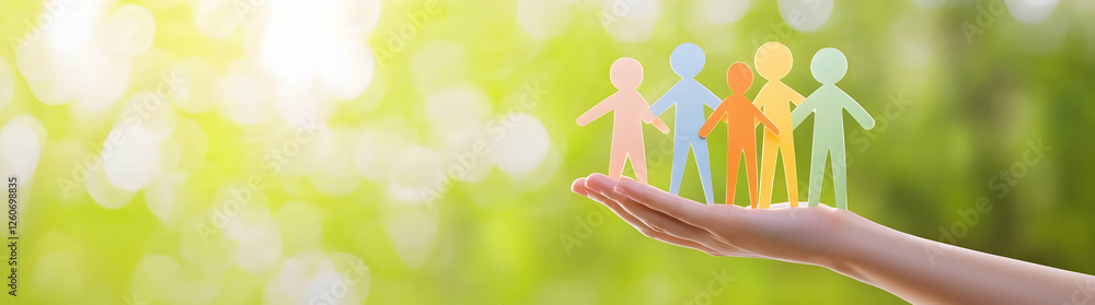 Hand holding colorful paper people cutouts symbolizing community, diversity, and teamwork Hand holding colorful paper people cutouts symbolizing community, diversity, and teamwork