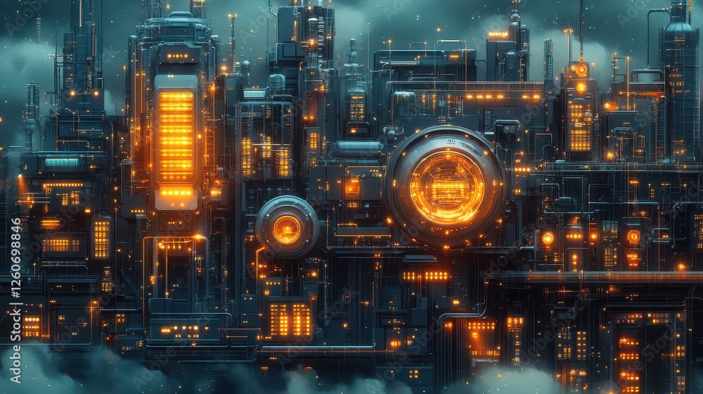 Futuristic Cyberpunk Cityscape Illuminated by Neon Orange and Blue Lights with Advanced Technological Structures and Intricate Machinery Futuristic Cyberpunk Cityscape Illuminated by Neon Orange and Blue Lights with Advanced Technological Structures and Intricate Machinery