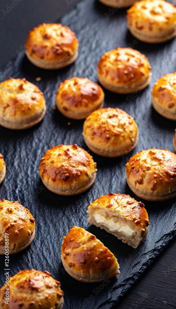 A freshly baked Danubio Salato savory pie made of perfectly rounded, golden-brown leavened dough balls, arranged in a circular pattern. One ball is slightly torn open to reveal the creamy mozzarella a