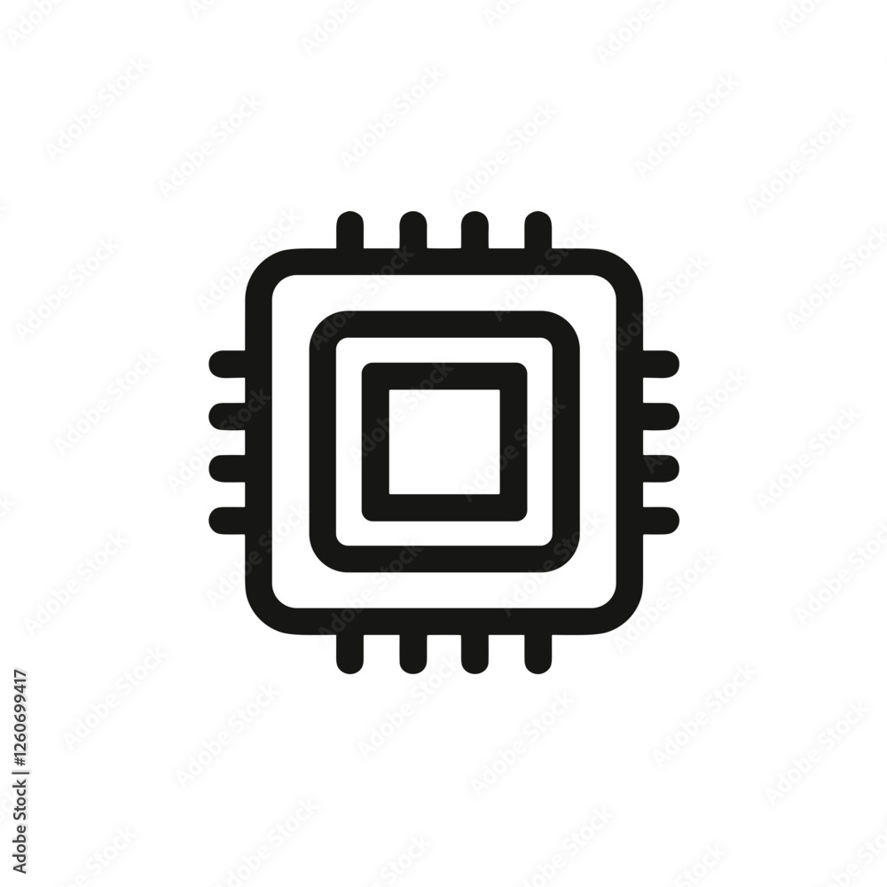 Microchip icon in minimalist black line art on transparent background