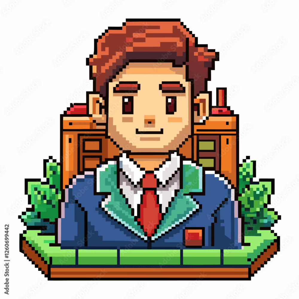 Pixel Art Businessman in Suit and Tie with Office Background and Plants Retro Gaming Style Illustration Pixel Art Businessman in Suit and Tie with Office Background and Plants Retro Gaming Style Illustration
