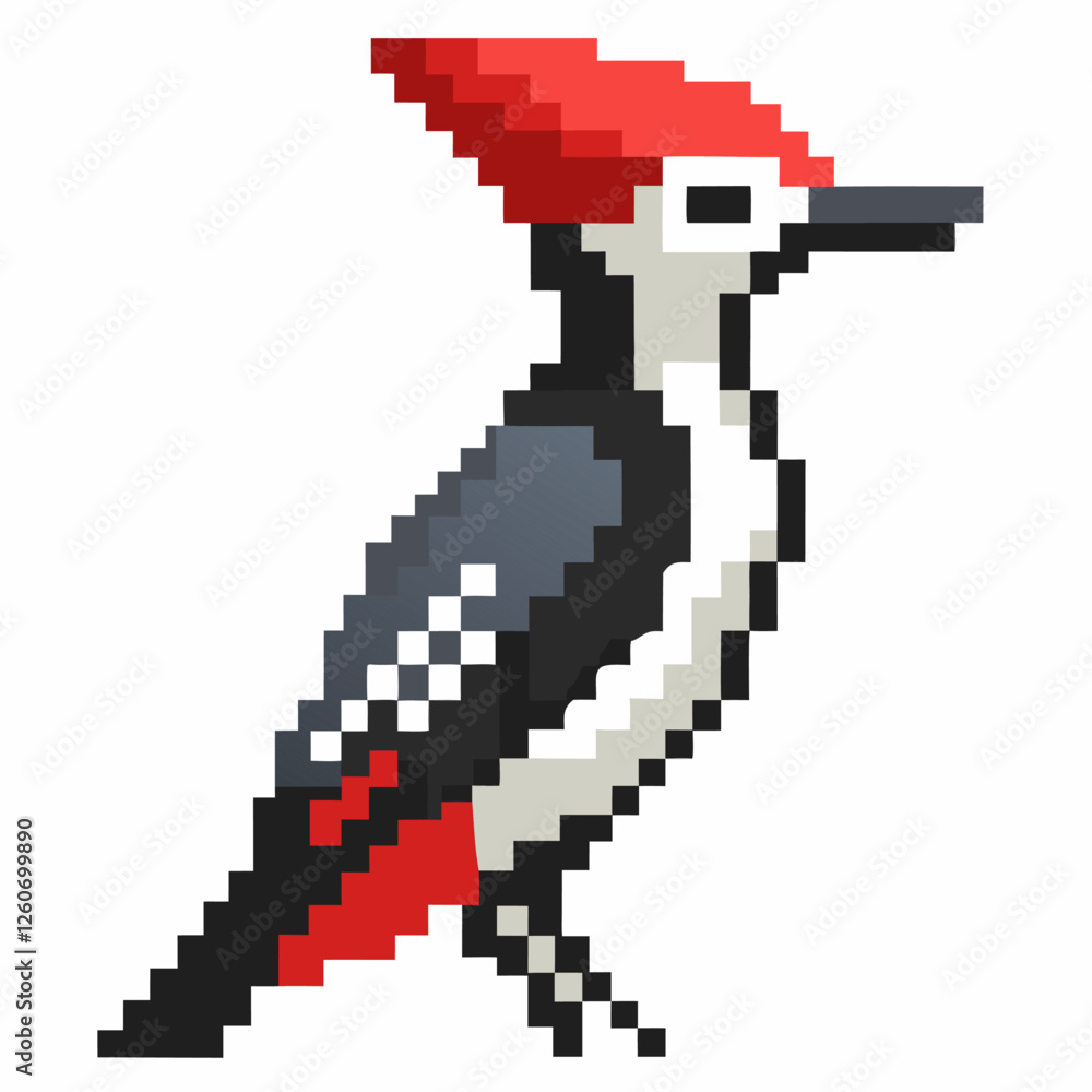 Obraz premium Pixel Art Woodpecker with Red Crest and Black Beak in Retro 8 Bit Style