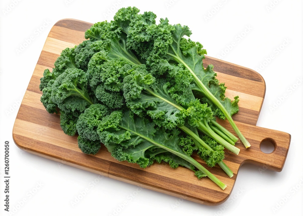 Fresh Curly Kale on Wooden Cutting Board - A bunch of fresh curly kale leaves neatly arranged on a wooden cutting board, showcasing their deep green color and crisp texture.
Fresh Curly Kale on Wooden Cutting Board - A bunch of fresh curly kale leaves neatly arranged on a wooden cutting board, showcasing their deep green color and crisp texture.