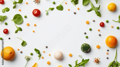 A vibrant arrangement of colorful fruits, vegetables, and herbs on a white surface, creating a fresh and healthy culinary atmosphere.