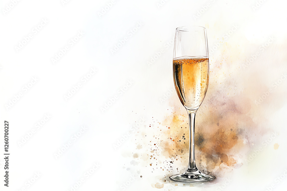 Craft a scene of celebratory success in academics, featuring a single sparkling champagne glass, in a detailed watercolor style on a solid white backdrop Craft a scene of celebratory success in academics, featuring a single sparkling champagne glass, in a detailed watercolor style on a solid white backdrop