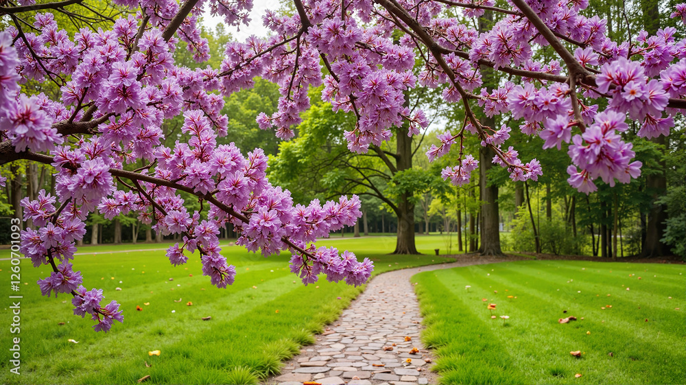 Park pathway with pink cherry blossoms in springtime Park pathway with pink cherry blossoms in springtime