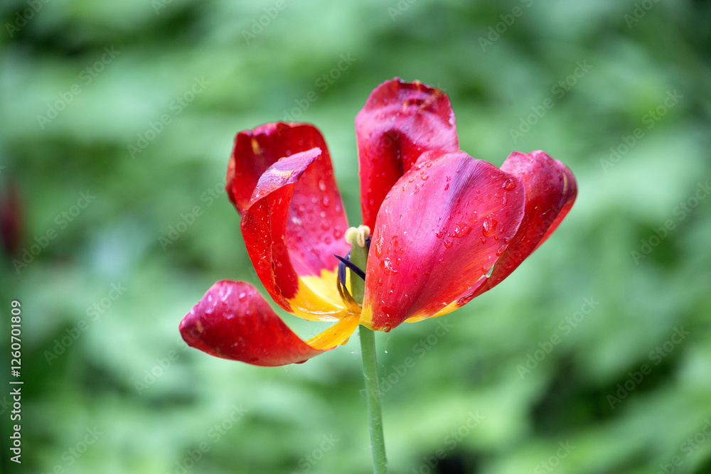 Beautiful fading red tulip with a yellow and black core on a blurred green garden background Beautiful fading red tulip with a yellow and black core on a blurred green garden background