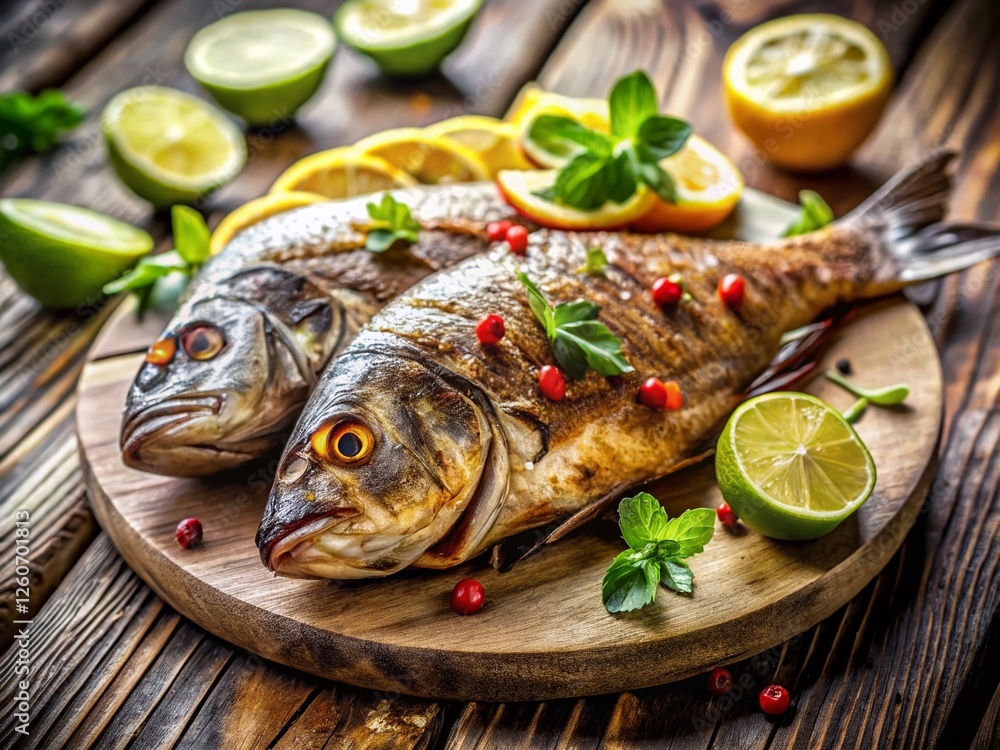 Grilled Fish with Lemon & Lime on Rustic Wooden Table - Architectural Photography Grilled Fish with Lemon & Lime on Rustic Wooden Table - Architectural Photography