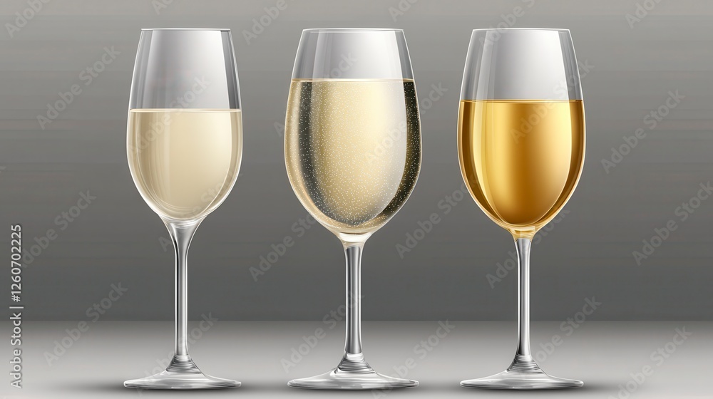 Three champagne flutes, of varying shades, displayed against a muted gray background, showcasing the bubbly, effervescent quality of the drinks, with Three champagne flutes, of varying shades, displayed against a muted gray background, showcasing the bubbly, effervescent quality of the drinks, with