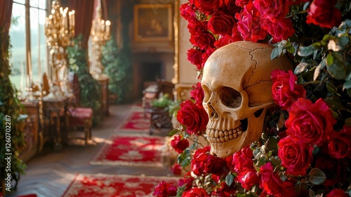 Fototapeta Naklejka Na Ścianę i Meble -  Memento Mori: A Skull Adorned with Red Roses in a Luxurious Palace Interior. A Striking Still Life Photography, Juxtaposing Life and Death, Beauty and Decay.