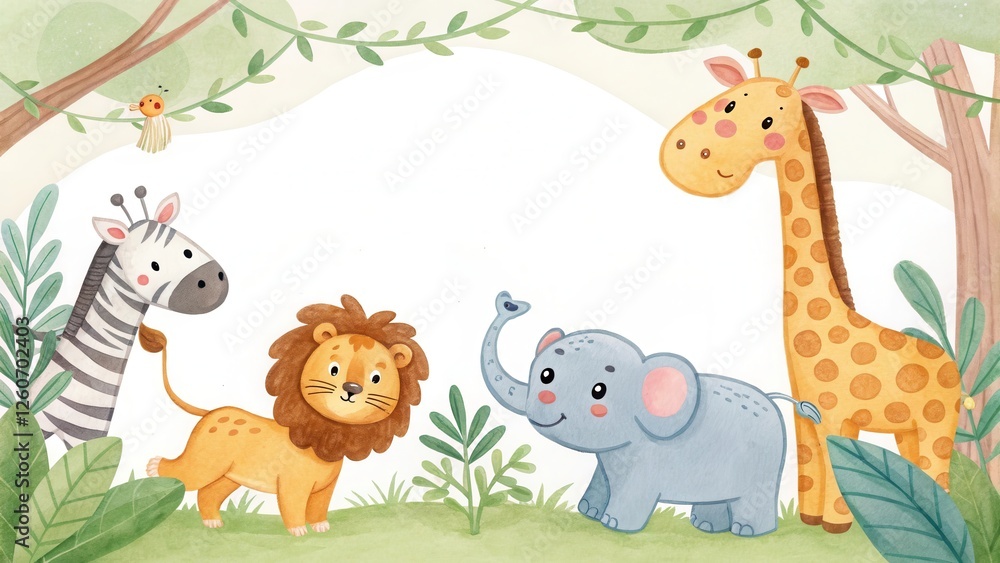 Obraz premium Colorful Cartoon Animals in Safari Jungle Frame with Lion, Giraffe, Elephant, and Zebra
