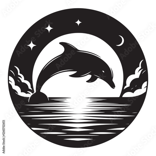 Moonlit ocean with a dolphin Silhouette Vector Illustration, Solid White Background.