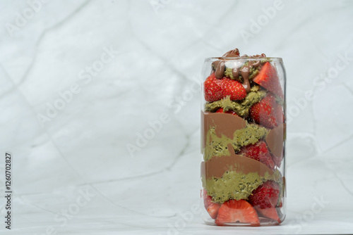 Dubai chocolate strawberry cup with kadayif, pistachio paste, tahini, milk chocolate and fresh strawberries. Takeaway desserts and sweets.Copy space for text.