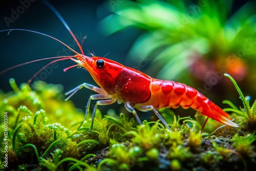 Vibrant Cherry Red Dwarf Shrimp in Lush Green Aquarium - Night Photography photo