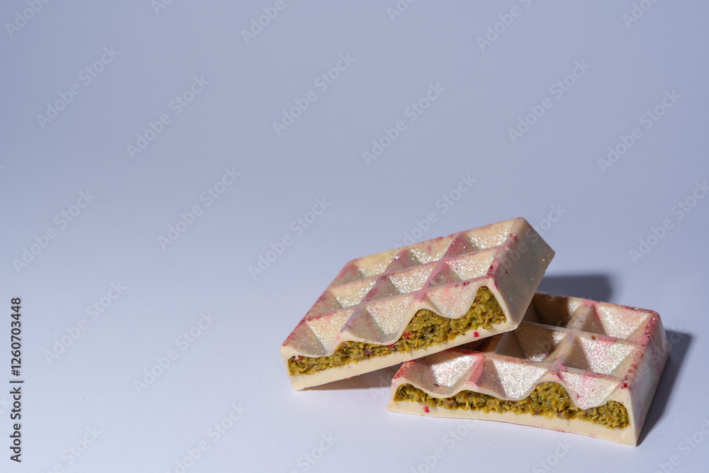 Trendy white Dubai chocolate with pistachio, dried raspberry, tahini and kadaif, on white background with copy space, isolated, showing the filling. Confectionery and handmade sweets, chocolatier Trendy white Dubai chocolate with pistachio, dried raspberry, tahini and kadaif, on white background with copy space, isolated, showing the filling. Confectionery and handmade sweets, chocolatier