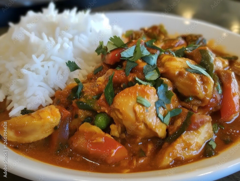 Delicious Chicken Curry with White Rice and Fresh Cilantro Garnishing Delicious Chicken Curry with White Rice and Fresh Cilantro Garnishing