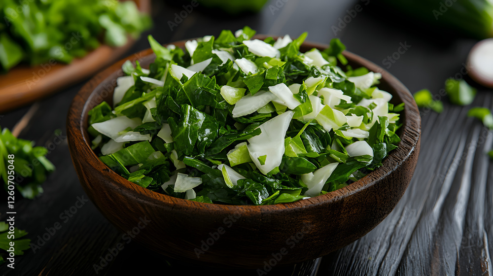 Chopped greens salad bowl, kitchen table, healthy food prep Chopped greens salad bowl, kitchen table, healthy food prep