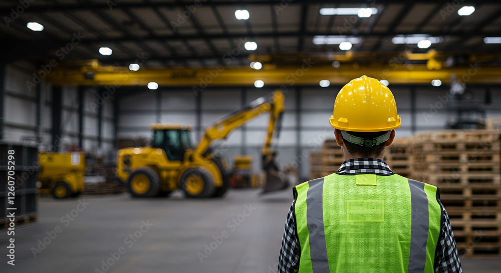 The layout features a central figure, a person with light skin, viewed from behind, wearing a yellow hard hat and a neon green safety vest over a checkered shirt. The layout features a central figure, a person with light skin, viewed from behind, wearing a yellow hard hat and a neon green safety vest over a checkered shirt.