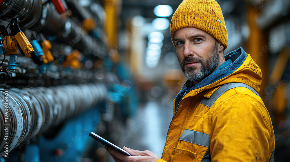 factory operations manager in yellow jacket and beanie, supervising advanced machinery with tablet. environment is industrial and well lit, showcasing professional atmosphere factory operations manager in yellow jacket and beanie, supervising advanced machinery with tablet. environment is industrial and well lit, showcasing professional atmosphere