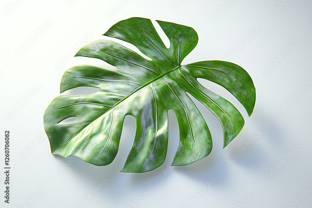 Illustrate a CG 3D rendering of a single Monstera leaf, emphasizing its intricate veins and lush texture against a plain white backdrop Illustrate a CG 3D rendering of a single Monstera leaf, emphasizing its intricate veins and lush texture against a plain white backdrop