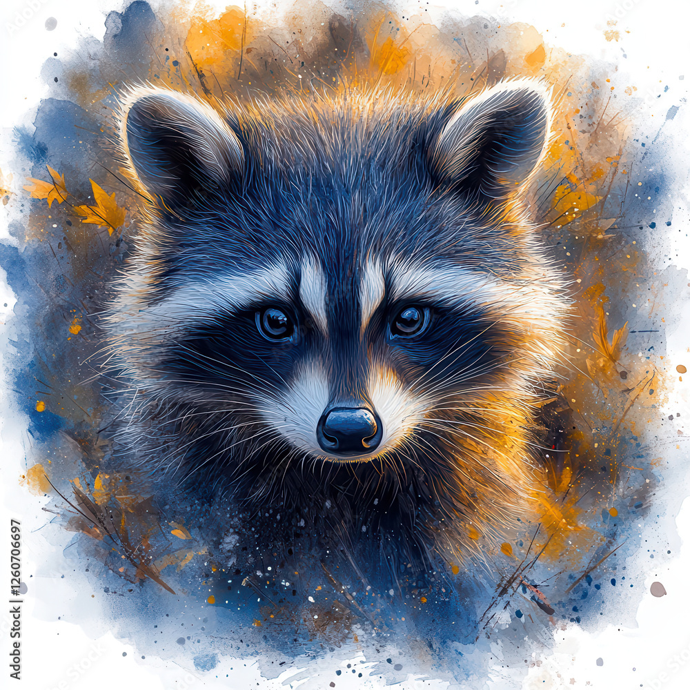 Obraz premium Adorable raccoon with expressive eyes surrounded by colorful watercolor splashes, showcasing its playful nature and vibrant surroundings