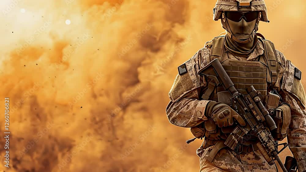 A soldier in full tactical gear, including a helmet and mask, walking confidently through a cloud of smoke and explosion. A soldier in full tactical gear, including a helmet and mask, walking confidently through a cloud of smoke and explosion.