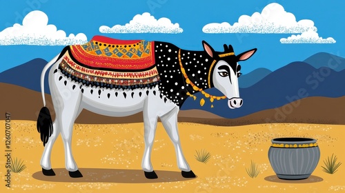 A stylized pixel art donkey, adorned with a colorful ornate blanket, stands in a desert landscape. The donkey is white with black spots and wears a photo