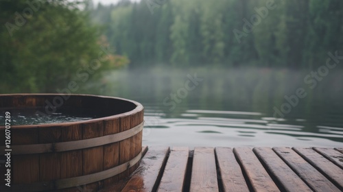 Fototapeta Naklejka Na Ścianę i Meble -  Wooden hot tub on lake dock, misty forest background, relaxation