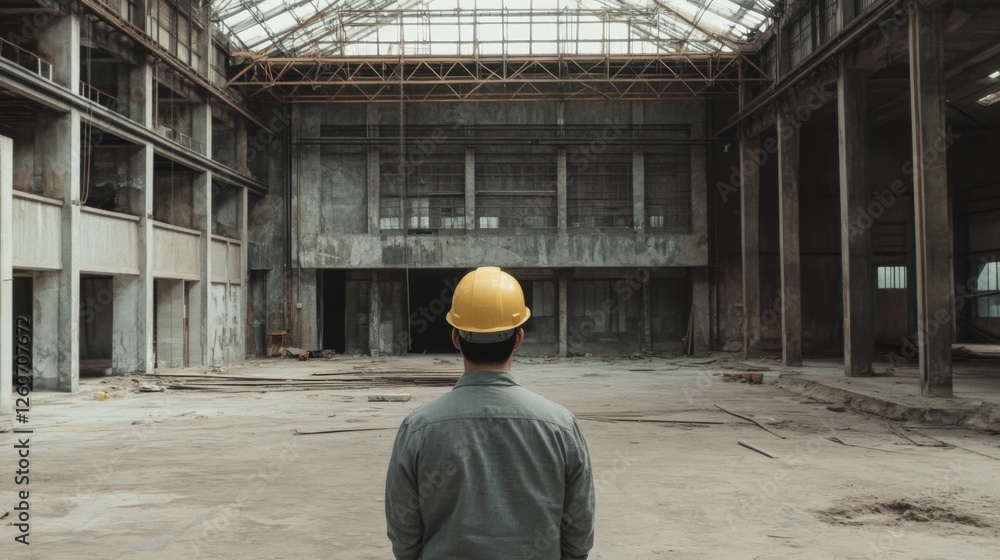 Worker in derelict factory interior