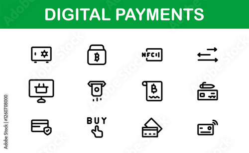 Digital Payments Icons. High-Quality Line and Outline Vector Illustrations for Mobile Wallets, Transactions, Online Payments, and Digital Finance