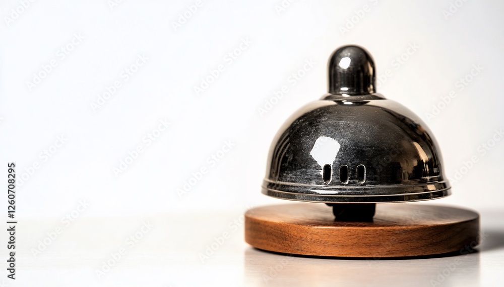 Silver Bell On Wooden Base Against White Background Silver Bell On Wooden Base Against White Background