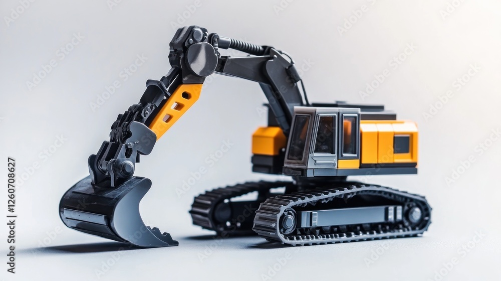 Fototapeta premium Toy excavator on a plain background. Possible use stock photo for educational materials, kids' toys, and construction tools