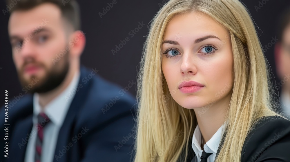 Closeup portrait of a young woman with blonde hair and light blue eyes, focused and attentive, seated in a meeting room. Two blurred figures in Closeup portrait of a young woman with blonde hair and light blue eyes, focused and attentive, seated in a meeting room. Two blurred figures in