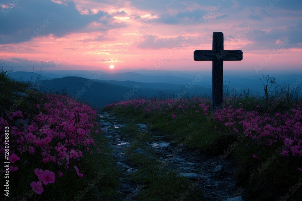 Cross standing among blooming wild flowers on a golden field during sunset and mountains. Religion, prayer Cross standing among blooming wild flowers on a golden field during sunset and mountains. Religion, prayer