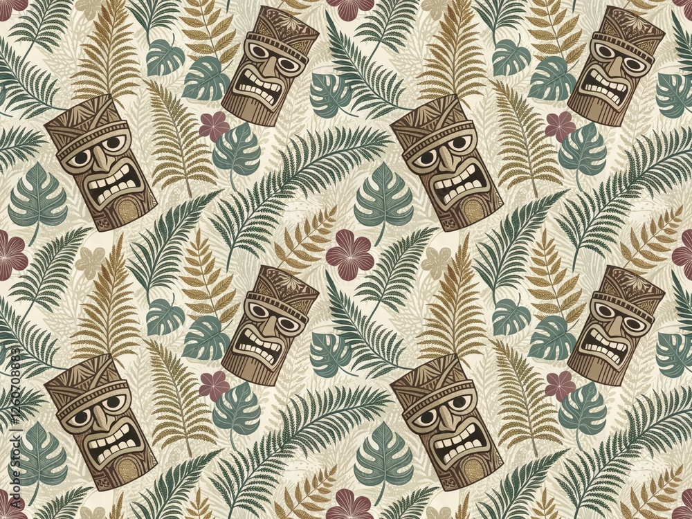 Obraz premium Intricate Tiki Mask with Tropical Patterns in Earthy Tones for Exotic Decor