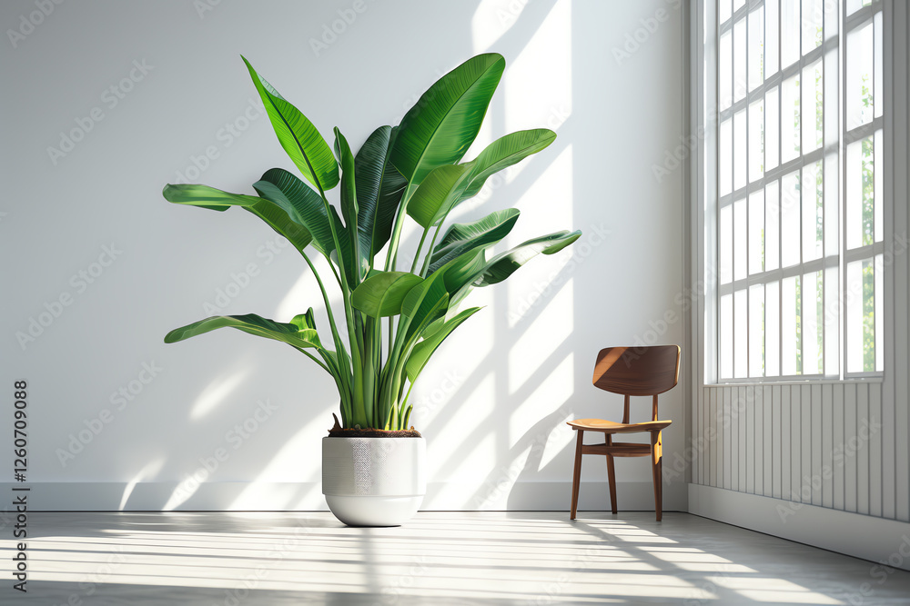 Fototapeta premium Illustrate a potted Banana plant as an indoor air purifier, emphasizing its air-purifying features with a vivid depiction of vibrant greenery against a minimalist white setting