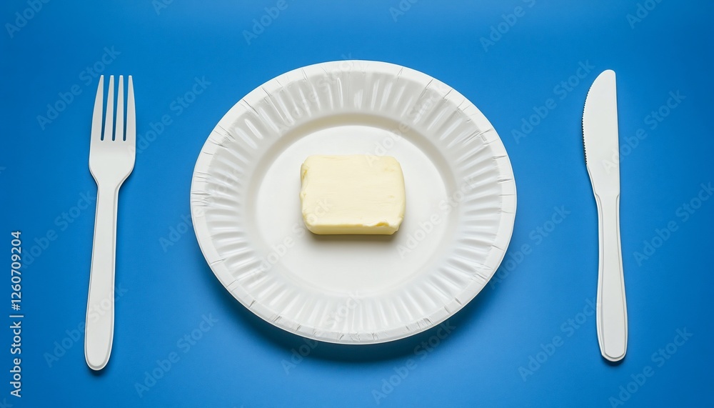 Single Butter Cube On White Plate With Cutlery On Blue Background Single Butter Cube On White Plate With Cutlery On Blue Background