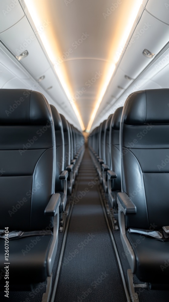 Empty airplane cabin with rows of black leather seats and bright overhead lights creating a modern travel atmosphere Empty airplane cabin with rows of black leather seats and bright overhead lights creating a modern travel atmosphere