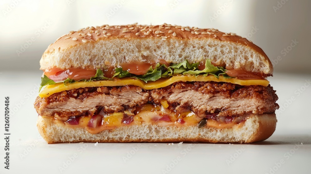 Smoky grilled chicken burger delight kitchen counter food photography bright setting close-up juicy indulgence Smoky grilled chicken burger delight kitchen counter food photography bright setting close-up juicy indulgence