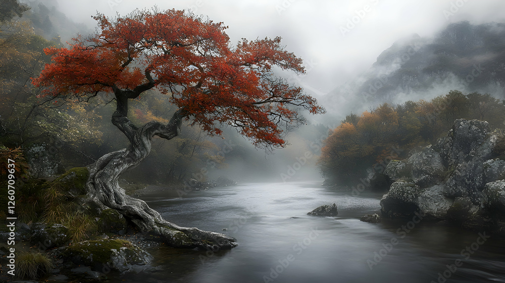 Fototapeta premium Autumn tree by misty river, mountain background, serene nature scene, travel poster