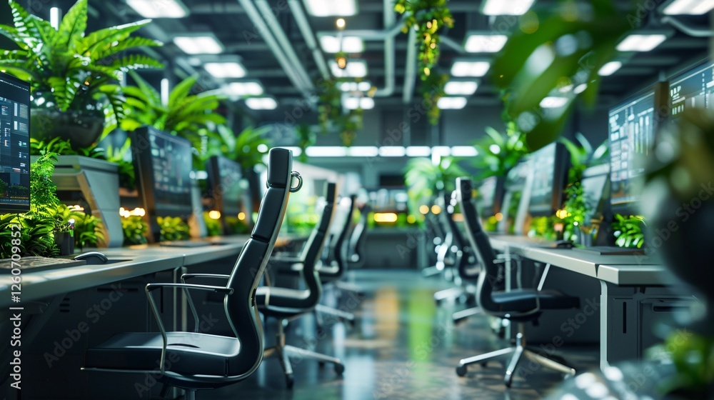 Eco-Friendly Office Background with Green Plants and Modern Workstations Eco-Friendly Office Background with Green Plants and Modern Workstations