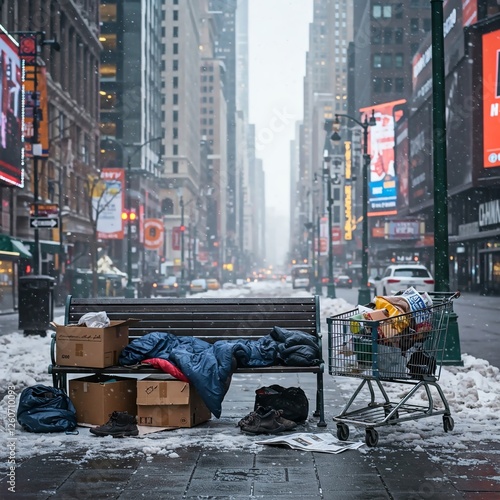 A snowy urban street with a cold, gray atmosphere. A lonely bench with scattered belongings, evoking homelessness and social inequality. Free space for text. Perfect for social campaigns, charity proj photo