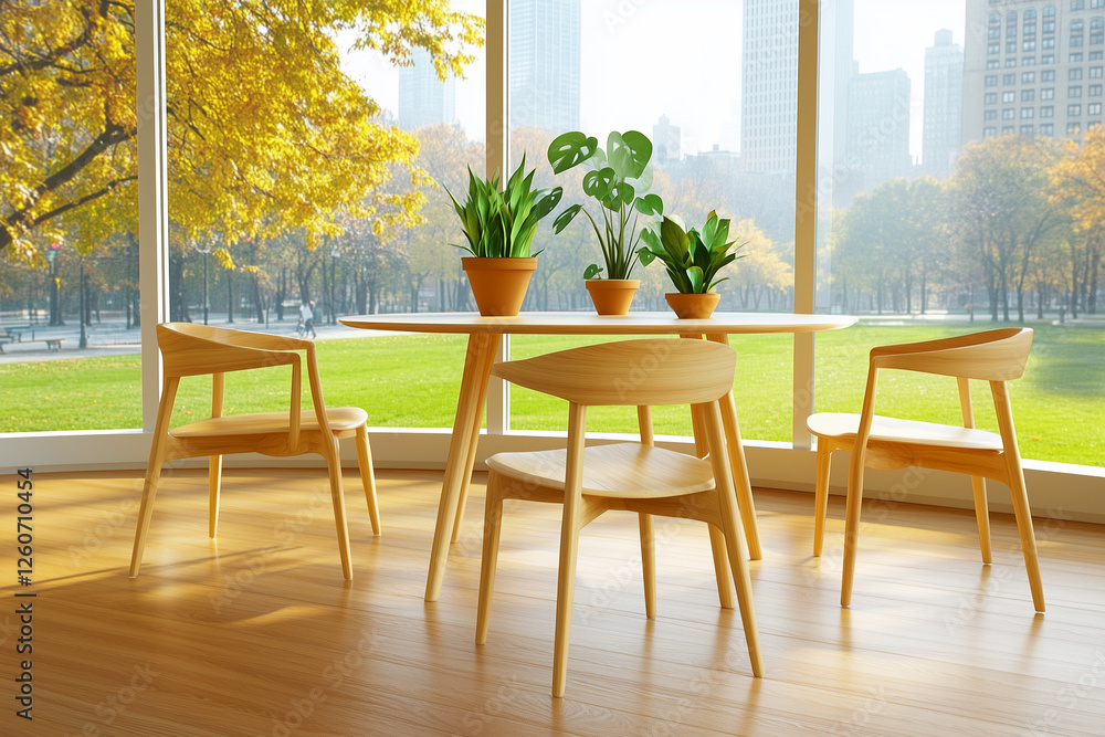 Fototapeta premium Bright, airy modern apartment living room with biophilic design, indoor plants, natural light, organic materials, and a view of a city park.