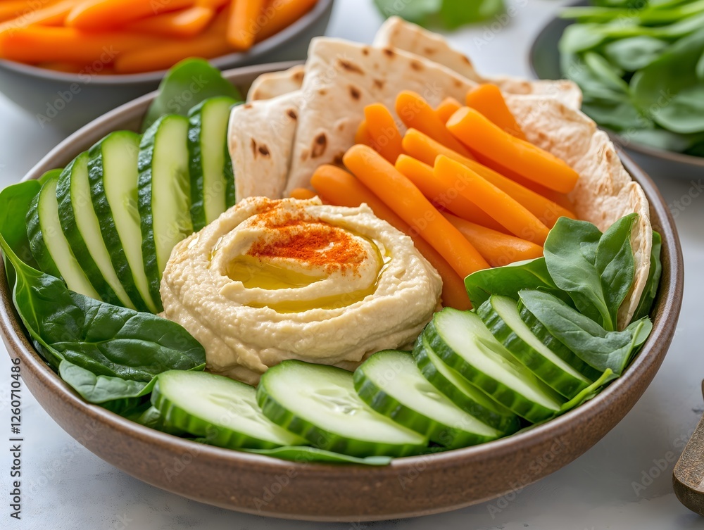 Hummus Bowl with Carrots, Cucumbers, Pita Bread, and Spinach for Snack Hummus Bowl with Carrots, Cucumbers, Pita Bread, and Spinach for Snack