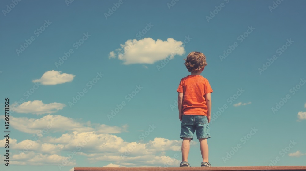 Child gazing sky, summer day, outdoor, dreams Child gazing sky, summer day, outdoor, dreams