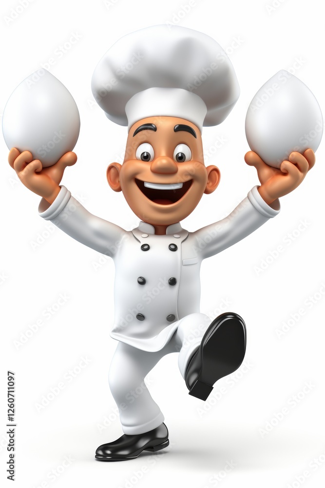3D Cartoon Chef Juggling Eggs, Culinary Illustration With a Playful Chef, Isolated On White 3D Cartoon Chef Juggling Eggs, Culinary Illustration With a Playful Chef, Isolated On White